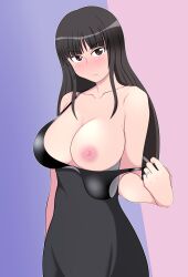 Rule 34 | 1girl, black eyes, black hair, blush, breasts, cleavage, clothes pull, dress pull, girls und panzer, highres, large breasts, long hair, looking at viewer, mature female, nipples, nishizumi shiho, one breast out, pulling own clothes, solo, tanaka rikimaru