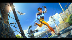 Rule 34 | 1girl, absurdres, alex negrea, angry, bicycle, bird, blue sky, bodysuit, bomber jacket, borrowed clothes, breasts, brown hair, chain-link fence, cloud, contrail, day, dove, unworn eyewear, fence, fleeing, full body, glasses, gloves, glowing, goggles, gorilla, graffiti, highres, holding, holding removed eyewear, jacket, lamppost, letterboxed, lips, looking at another, looking back, md5 mismatch, outdoors, overwatch, overwatch 1, parted lips, resized, resolution mismatch, road sign, running, shoes, short hair, sign, sky, smile, source smaller, spiked hair, splashing, sun, teasing, theft, tracer (overwatch), upscaled, utility pole, utility pole (object), watermark, web address, winston (overwatch)