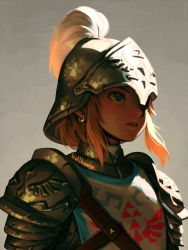 Rule 34 | 1boy, armor, artist name, bellhenge, blonde hair, commentary, earrings, english commentary, green eyes, grey background, helmet, jewelry, link, looking away, male focus, nintendo, simple background, soldier&#039;s set (zelda), solo, solo focus, the legend of zelda, the legend of zelda: breath of the wild, upper body
