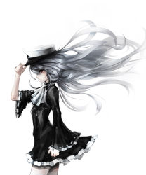 Rule 34 | 1girl, absurdres, bad id, bad pixiv id, black dress, closed mouth, copyright request, dress, from side, grey hair, gyup91, hand on headwear, hat, highres, long hair, peaked cap, profile, red eyes, simple background, solo, white background, wide sleeves