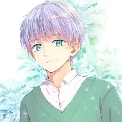 Rule 34 | 1boy, aqua eyes, closed mouth, collared shirt, commentary request, commission, dress shirt, green sweater, hair between eyes, looking at viewer, male focus, original, pixiv commission, purple hair, sawa (sawasaku), shirt, smile, solo, sweater, upper body, white background, white shirt