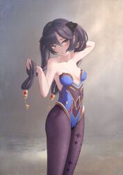 Rule 34 | 1girl, :o, absurdres, arm up, black hair, blue leotard, blush, bodystocking, breasts, chinese commentary, collarbone, covered navel, genshin impact, gold trim, green eyes, hair lift, hair ornament, hand up, hands in hair, highres, leotard, mona (genshin impact), open mouth, pantyhose, small breasts, solo, sparkle print, standing, thighs, twintails, variant set, yomigaeru