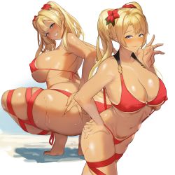 Rule 34 | 1girl, aji (sakanaaj1), ass, bare shoulders, bikini, blonde hair, blue eyes, blush, breasts, cleavage, collarbone, covered erect nipples, flower, granblue fantasy, hair intakes, hibiscus, highres, large breasts, long hair, looking at viewer, multiple views, navel, open mouth, red bikini, smile, squatting, strap gap, swimsuit, tan, thighs, tongue, tongue out, twintails, zeta (granblue fantasy), zeta (summer) (granblue fantasy)