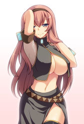 Rule 34 | 1girl, armband, armpits, arms up, belt, black thighhighs, blue eyes, blush, breasts, gradient background, huge breasts, long hair, megurine luka, miyashiro sousuke, navel, no bra, pink hair, side slit, simple background, skirt, smile, solo, thighhighs, underboob, vocaloid
