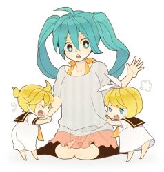 Rule 34 | 1boy, 2girls, aged down, blonde hair, brother and sister, family, hatsune miku, kagamine len, kagamine rin, kneeling, long hair, multiple girls, siblings, simple background, tears, twins, twintails, vocaloid, white background