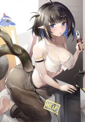 Rule 34 | 1girl, :o, absurdres, ahoge, arknights, arm strap, ass, bare arms, bare shoulders, barefoot, bird, black hair, blue eyes, blue hair, blunt bangs, blush, breasts, brown pants, camisole, cleavage, clothing cutout, collarbone, commentary request, crop top, earrings, english text, eunectes (arknights), eunectes (forgemaster) (arknights), female focus, grey pants, hand up, high priest (arknights), highres, holding, jewelry, kneeling, lancet-2 (arknights), large breasts, looking at viewer, midriff, multicolored hair, official alternate costume, one side up, pants, parted lips, pliers, pointy ears, short hair, snake tail, solo focus, spaghetti strap, tabayashi, tail, tail through clothes, tongs, two-tone hair