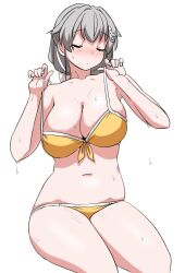 Rule 34 | 1girl, bikini, breasts, cleavage, closed eyes, feet out of frame, front-tie bikini top, front-tie top, grey hair, hair ornament, hairclip, jingei (kancolle), kantai collection, large breasts, long hair, navel, orange bikini, simple background, sitting, solo, swimsuit, tamu (mad works), white background