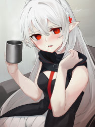 Rule 34 | 1girl, ao oni (onioni-aoi), arknights, bare arms, bare shoulders, black dress, blush, commentary request, cross hair ornament, cup, dress, fangs, grey background, hair between eyes, hair ornament, highres, holding, holding cup, long hair, looking at viewer, parted lips, pointy ears, red eyes, silver hair, sleeveless, sleeveless dress, solo, warfarin (arknights)