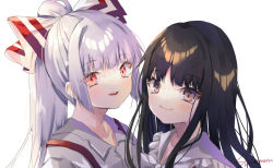 Rule 34 | 2girls, :d, black hair, blunt bangs, blush, bow, brown eyes, closed mouth, collarbone, commentary request, commission, frilled shirt collar, frills, fujiwara no mokou, hair bow, houraisan kaguya, long hair, looking at viewer, multiple girls, open mouth, pink eyes, ponytail, portrait, shiromoru (yozakura rety), shirt, silver hair, simple background, skeb commission, smile, suspenders, touhou, white background, white shirt