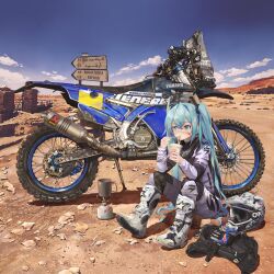 Rule 34 | 1girl, aqua eyes, aqua hair, arabic text, backpack, bag, blue sky, boots, cloud, commentary request, cup, desert, dirtbike, eating, food, fork, hatsune miku, helmet, highres, holding, holding cup, holding fork, instant ramen, knees up, long hair, long sleeves, motor vehicle, motorcycle, nissin cup noodle, noodles, outdoors, road sign, rock, shadow, sign, sitting, sky, solo, takepon1123, twintails, unworn headwear, unworn helmet, vehicle focus, very long hair, vocaloid, white footwear, white headwear, yamaha, yamaha tenere 700