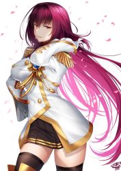 Rule 34 | 10s, 1girl, adjusting hair, black thighhighs, boots, epaulettes, fate/extella, fate/extra, fate (series), gloves, hair intakes, long hair, looking at viewer, military, military uniform, official alternate costume, okitakung, petals, purple hair, red eyes, scathach (fate), scathach (makyou sergeant) (fate), simple background, skirt, solo, thigh boots, thighhighs, uniform, white background