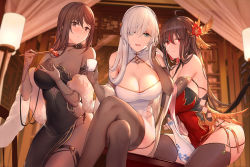 Rule 34 | 3girls, ahoge, anastasia (fate), aqua eyes, black hair, breasts, brown eyes, brown hair, china dress, chinese clothes, choko (cup), chopsticks, cleavage cutout, clothing cutout, cup, curtains, dress, elbow gloves, fate/empire of dirt, fate/grand order, fate (series), food, gloves, hair ornament, hair over one eye, indoors, lamp, large breasts, liu xiu (fate/empire of dirt), looking at viewer, multiple girls, open mouth, red dress, red eyes, side slit, silver hair, sleeveless, sleeveless dress, smile, sushi, swd3e2, thighhighs, thighs, yu mei-ren (fate)
