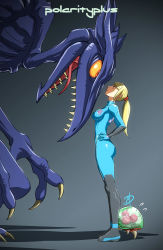 Rule 34 | 1girl, alien, blonde hair, blue eyes, bodysuit, breasts, claws, colored sclera, faceoff, fangs, flying sweatdrops, from side, hands on own hips, height difference, hiding, hiding behind another, long hair, looking down, looking up, md5 mismatch, medium breasts, metroid, metroid (creature), monster, nintendo, orange eyes, out of frame, polarityplus, ponytail, ridley, samus aran, size difference, skin tight, standing, tongue, yellow sclera, zero suit