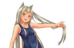 Rule 34 | 1girl, absurdres, animal ears, bad id, bad pixiv id, blue one-piece swimsuit, blush, breasts, collarbone, covered navel, ewokaku kitsune, eyelashes, fang, grey hair, hand up, highres, holding, holding hair, long hair, looking at viewer, old school swimsuit, one-piece swimsuit, one-piece tan, open mouth, orange eyes, original, outstretched arms, school swimsuit, simple background, slit pupils, small breasts, solo, swimsuit, tan, tanline, upper body, very long hair, white background