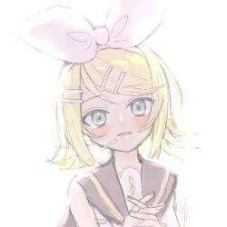 Rule 34 | 1girl, aqua eyes, backlighting, bare shoulders, blonde hair, blush, bow, green eyes, hair bow, hair ornament, hairclip, head tilt, headphones, headset, highres, interlocked fingers, kagamine rin, looking at viewer, neckerchief, nnc225, number tattoo, open mouth, own hands clasped, own hands together, sailor collar, shirt, short hair, shoulder tattoo, sketch, sleeveless, sleeveless shirt, smile, solo, tattoo, treble clef, vocaloid, white bow, yellow nails, yellow neckerchief