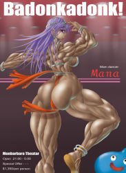 Rule 34 | 1girl, ass, back, breasts, chunsoft, dancing, dark-skinned female, dark skin, dragon quest, dragon quest iv, english text, engrish text, enix, extreme muscles, female focus, gradient background, indoors, long hair, looking at viewer, looking back, manya (dq4), muscular, purple hair, purukogi (plasma beach), ranguage, slime (dragon quest), solo