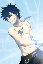 Rule 34 | 1boy, black hair, chain, fairy tail, gray fullbuster, grin, highres, kingyo (984), male focus, topless male, smile, solo, tattoo