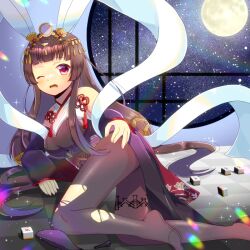 Rule 34 | 1girl, ass, black kimono, brown hair, brown pantyhose, checkered floor, commentary request, commission, full moon, indoors, japanese clothes, kaguyahime (mahjong soul), kimono, kou hiyoyo, long hair, long sleeves, mahjong, mahjong soul, mahjong tile, moon, night, night sky, no shoes, obi, one eye closed, open mouth, pantyhose, red eyes, sash, skeb commission, sky, sleeves past wrists, solo, star (sky), starry sky, very long hair, wavy mouth, wide sleeves, window