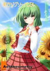 Rule 34 | 1girl, ascot, bad id, bad pixiv id, breasts, brown eyes, contrail, day, female focus, field, flower, flower field, green hair, kazami yuuka, nature, pilky, plaid, plaid skirt, plaid vest, red eyes, short hair, skirt, skirt set, smile, solo, sunflower, sunflower field, touhou, vest