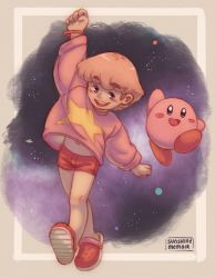Rule 34 | 1boy, arm up, blue eyes, blush, bracelet, child, clenched hands, commentary, english commentary, highres, humanization, jewelry, jumping, khiuly, kirby, kirby&#039;s dream land, kirby (series), navel, nintendo, pink footwear, pink hair, pink shirt, pink shorts, shirt, short hair, shorts, smile, star (symbol), star print, teeth, walking