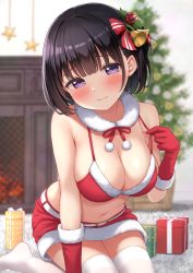 Rule 34 | 1girl, armpit crease, bare shoulders, bell, belt, bikini, bikini top only, black hair, blurry, blush, bow, box, breasts, christmas, christmas tree, cleavage, depth of field, detached collar, fireplace, fur trim, gift, gift box, gloves, hair bell, hair bow, hair ornament, halterneck, hand up, head tilt, inoue yurina, karutamo, large breasts, miniskirt, mistletoe, navel, no shoes, original, pom pom (clothes), purple eyes, red bikini, red gloves, red skirt, revealing clothes, santa bikini, santa costume, short hair, sitting, skirt, smile, solo, star (symbol), stomach, strap pull, string bikini, swimsuit, thighhighs, thighs, white thighhighs, zettai ryouiki