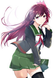 Rule 34 | 1girl, absurdres, black thighhighs, blue jacket, brown hair, crescent, crescent pin, green sailor collar, green skirt, highres, jacket, kantai collection, kisaragi (kancolle), kisaragi kai ni (kancolle), leaning forward, long hair, looking at viewer, neckerchief, purple eyes, red neckerchief, sailor collar, school uniform, serafuku, simple background, skirt, smile, solo, sui (sui27shika), thighhighs, white background