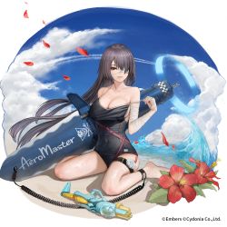 Rule 34 | 1girl, ash arms, bare shoulders, beach, black hair, breasts, cleavage, cloud, commentary request, day, eyepatch, f4u-1 corsair (ash arms), flower, hair over one eye, highres, long hair, looking at viewer, medium breasts, nyatabe, official art, one-piece swimsuit, outdoors, red eyes, rose, sand, sky, sleeveless, solo, swimsuit, water, white flower, white rose