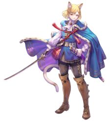 Rule 34 | 1boy, :3, animal ears, belt, blonde hair, blue cloak, blue tunic, boots, cat ears, cloak, full body, fur-trimmed cloak, fur trim, furry, furry male, haccan, highres, holding, holding sword, holding weapon, katana, male focus, morley (visions of mana), official art, orange eyes, second-party source, seiken densetsu, sheath, smile, solo, sword, tassel, transparent background, visions of mana, weapon