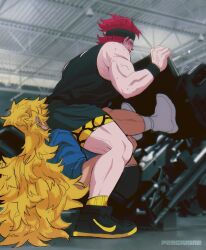 Rule 34 | 2boys, alternate costume, bara, blush, calf, eustass kid, face in ass, from side, full body, gym, highres, killer (one piece), leg press machine, long hair, male focus, meme, multiple boys, muscular, muscular male, nike (company), one piece, percivore, photo background, profile, red hair, short hair, shy, sitting, sitting on face, sitting on person, sweat, the world needs more heroes (meme), very long hair, yaoi