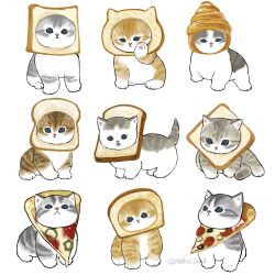 Rule 34 | animal focus, artist name, blue eyes, bread, cat, closed mouth, croissant, food, grey cat, highres, juno (mofu sand), looking at viewer, no humans, original, pizza, simple background, sitting, tabby cat, white background