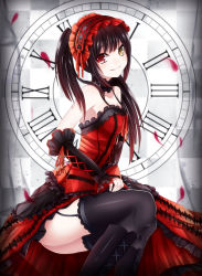 Rule 34 | 10s, 1girl, black hair, black thighhighs, breasts, checkered background, choker, cleavage, clock, clock eyes, collarbone, date a live, detached sleeves, dress, garter straps, gothic lolita, grin, hairband, heterochromia, highres, lolita fashion, lolita hairband, long hair, looking at viewer, medium breasts, petals, red dress, red eyes, red ribbon, ribbon, shiira (nya rl), smile, solo, strapless, strapless dress, symbol-shaped pupils, thighhighs, tokisaki kurumi, twintails, yellow eyes