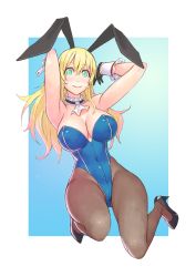 Rule 34 | 10s, 1girl, adapted costume, alternate costume, animal ears, arms up, atago (kancolle), blonde hair, breasts, choker, cleavage, cuffs, fake animal ears, high heels, highleg, highleg leotard, jumping, kantai collection, large breasts, leotard, long hair, pantyhose, playboy bunny, rabbit ears, solo, yuuji (and)