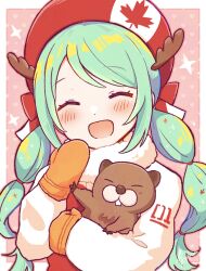 Rule 34 | 1girl, :d, animal, animal hug, aoiyui, beaver, beret, blush, border, canadian flag print, closed eyes, commentary, dot nose, facing viewer, fake antlers, fur-trimmed jacket, fur trim, green hair, hair tie, hand up, hat, hatsune miku, head tilt, heart, highres, jacket, mittens, number print, open mouth, orange mittens, outside border, pink background, red hat, simple background, smile, solo, sparkle, swept bangs, symbol-only commentary, twintails, upper body, vocaloid, white border, white jacket