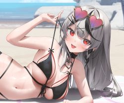 Rule 34 | 1girl, :d, aya (lezon), bare arms, bare shoulders, beach, belt, belt collar, bikini, black belt, black bikini, black hair, blurry, blurry background, blush, braid, breasts, collar, day, eyewear on head, fang, front-tie top, grey hair, hair ornament, hairclip, halterneck, heart, heart-shaped eyewear, highres, hololive, large breasts, long hair, looking at viewer, lying, multicolored hair, navel, ocean, on side, open mouth, outdoors, red eyes, sakamata chloe, sand, skin fang, skindentation, smile, solo, stomach, strap pull, streaked hair, string bikini, swimsuit, tinted eyewear, two-tone hair, upper body, virtual youtuber, water, wet, x hair ornament