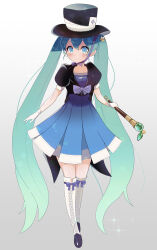 Rule 34 | 1girl, absurdres, blue eyes, blush, boots, card, chin strap, coattails, cross-laced footwear, dress, full body, hat, hatsune miku, highres, lace-up boots, long hair, magical mirai (vocaloid), magical mirai miku, magical mirai miku (2013), playing card, short sleeves, smile, solo, sorami, spade (shape), sparkle, top hat, twintails, very long hair, vocaloid
