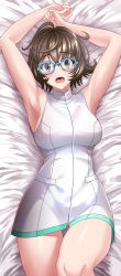 Rule 34 | 1girl, absurdres, ahoge, armpits, arms up, bare shoulders, blue-framed eyewear, blush, breasts, brown hair, dress, fate/grand order, fate (series), glasses, hair between eyes, highres, kogarasu1st, large breasts, long sleeves, looking at viewer, lying, mable macintosh, on back, open clothes, open mouth, short dress, short hair, solo, thighs, white dress, yellow eyes
