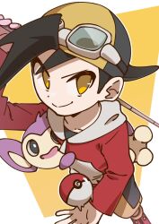 Rule 34 | 1boy, aipom, backwards hat, black hair, closed mouth, collarbone, creatures (company), ethan (pokemon), from above, game freak, gen 2 pokemon, goggles, goggles on headwear, hat, highres, long sleeves, nintendo, omochi (omotimotittona3), pokemon, pokemon (creature), pokemon adventures, short hair, smile, standing, yellow eyes