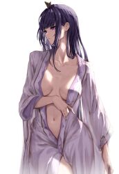 Rule 34 | 1girl, absurdres, bakemonsou, breasts, cleavage, closed mouth, collarbone, commentary request, genshin impact, hair ornament, highres, japanese clothes, kimono, large breasts, long hair, long sleeves, navel, purple eyes, purple hair, purple kimono, raiden shogun, sidelocks, simple background, solo, white background