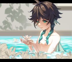 Rule 34 | 1boy, aqua hair, back fin, black hair, braid, chinese commentary, commentary request, fins, flower, genshin impact, gradient hair, green eyes, head fins, highres, in water, male focus, multicolored hair, nipples, open mouth, short hair with long locks, solo, topless male, twin braids, venti (genshin impact), wet, white flower, xiao iao