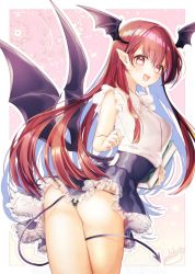 Rule 34 | 1girl, artist name, bad id, bad twitter id, bare arms, between legs, black panties, black skirt, book, breasts, demon girl, demon tail, demon wings, head wings, heart, heart-shaped pupils, holding, holding book, koakuma, long hair, looking at viewer, medium breasts, mokokiyo (asaddr), open mouth, panties, pointy ears, red hair, revision, signature, skirt, sleeveless, smile, solo, symbol-shaped pupils, tail, tail between legs, touhou, twisted torso, underwear, wings, yellow eyes