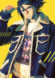 Rule 34 | 1boy, alternate costume, blue eyes, blue hair, clenched hand, denim, denim jacket, fashion, fur trim, hair behind ear, hair between eyes, hair ornament, hairclip, hayate immelmann, highres, jacket, jewelry, leaning back, looking at viewer, macross, macross delta, male focus, mosako, necklace, parted lips, print shirt, shirt, solo, streetwear, v-shaped eyebrows, white shirt, yellow background