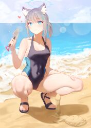 Rule 34 | 1girl, absurdres, animal ear fluff, animal ears, doodle sensei (blue archive), beach, black one-piece swimsuit, blue archive, blue eyes, blue one-piece swimsuit, breasts, closed mouth, competition swimsuit, covered navel, cross hair ornament, full body, grey hair, hair ornament, halo, heart, highres, looking at viewer, multicolored clothes, multicolored swimsuit, one-piece swimsuit, outdoors, sand, sandals, sensei (blue archive), serelith, shiroko (blue archive), shiroko (swimsuit) (blue archive), small breasts, smile, solo, squatting, swimsuit, thighs, trowel, water, wolf ears