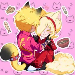Rule 34 | 2boys, ^ ^, animal ears, ash crimson, black gloves, black nails, blonde hair, cat boy, cat ears, cat tail, chibi, chibi only, closed eyes, couple, dango, dark-skinned male, dark skin, dog boy, dog ears, dog tail, earrings, esther (buttercesther), fingerless gloves, food, freckles, full body, gloves, hand on another&#039;s face, headband, holding hands, interlocked fingers, jacket, jewelry, multiple boys, nail polish, noodles, pants, pink background, pink jacket, ramen, red headband, red pants, red shirt, shen woo, shirt, short hair, shrimp, shrimp tempura, smile, tail, taiyaki, tempura, the king of fighters, wagashi, yaoi