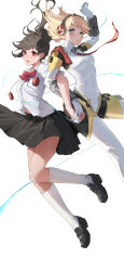 Rule 34 | 2girls, absurdres, aegis (persona), ahoge, aqua ribbon, armband, black footwear, black skirt, blonde hair, blue eyes, blush, bow, breasts, brown hair, closed mouth, clothing cutout, collared shirt, commentary, covered navel, cropped legs, detached collar, english commentary, falling, full body, gauntlets, hair ornament, hairpin, headphones, headphones around neck, highres, holding hands, interlocked fingers, joints, kneehighs, locked arms, looking down, lower teeth only, mechanical arms, medium breasts, multiple girls, open mouth, papon, persona, persona 3, persona 3 portable, pleated skirt, red bow, red eyes, ribbon, robot girl, robot joints, shiomi kotone, shirt, simple background, skirt, smile, socks, stomach cutout, swept bangs, teeth, white background, white shirt