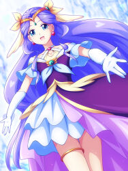 Rule 34 | 1girl, blue background, blue eyes, blurry, blurry background, bracelet, collarbone, cure earth, dress, dutch angle, earrings, elbow gloves, fuurin asumi, gloves, gradient background, head wings, healin&#039; good precure, heart, highres, jewelry, looking at viewer, mimimix, open mouth, precure, purple dress, purple hair, tiara, white gloves, wings