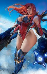 Rule 34 | 1girl, ass, blue eyes, breasts, cleavage, highres, holding, holding weapon, large breasts, league of legends, long hair, miss fortune (league of legends), outdoors, rached, red hair, solo, weapon