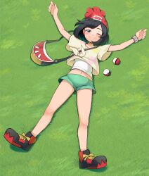 Rule 34 | 1girl, ;), absurdres, beanie, bracelet, closed mouth, clothes lift, commentary, commission, creatures (company), day, floral print, from above, full body, game freak, grass, green shorts, grey eyes, hat, highres, jewelry, knees, legs, looking at viewer, lying, midriff, mr.thunderigor, navel, nintendo, on back, one eye closed, outdoors, poke ball, poke ball (basic), pokemon, pokemon sm, red hat, selene (pokemon), shirt, shirt lift, short shorts, short sleeves, shorts, smile, solo, t-shirt, tied shirt, undershirt, z-ring