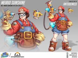 Rule 34 | 1girl, absurdres, antonio demico, brown eyes, brown hair, commentary, concept art, cosplay, crossover, english commentary, f.l.u.d.d., full body, goggles, gun, handgun, highres, holding, holding weapon, lips, mario, mario (cosplay), mario (series), mei (overwatch), nintendo, overalls, overwatch, overwatch 1, short hair, snowball (overwatch), solo, super mario sunshine, weapon