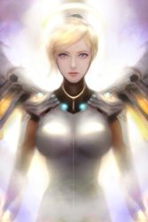 Rule 34 | 1girl, alternate eye color, armor, blonde hair, breastplate, breasts, closed mouth, expressionless, eyelashes, hair ornament, halo, headgear, high ponytail, highres, large breasts, lips, lipstick, looking at viewer, makeup, mechanical halo, mechanical wings, mercy (overwatch), nose, overwatch, overwatch 1, pink lips, purple eyes, short ponytail, solo, upper body, wings, zhai xiao fei