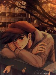 Rule 34 | 1boy, artist name, ashita no joe, autumn, autumn leaves, black hair, blurry, blurry background, brown eyes, brown headwear, brown jacket, building, chihiro (jnkch6), city, closed mouth, commentary, crossed arms, expressionless, falling leaves, head rest, highres, jacket, leaf, long sleeves, looking afar, looking ahead, male focus, outdoors, short hair, sideburns, solo, thick eyebrows, tree, yabuki jou